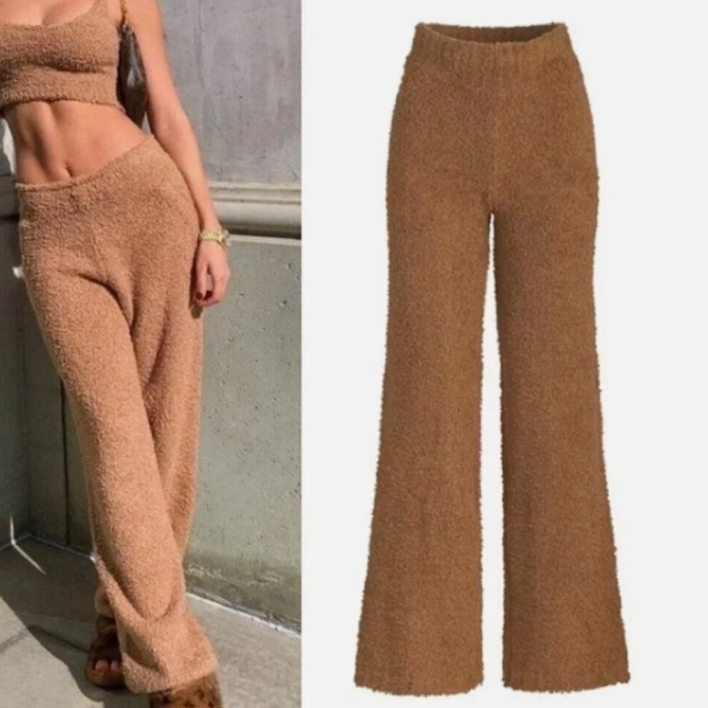 SKIMS Wide Leg Teddy Fleece Flare Pull On Pants‎ Large XL Camel Tan Loungewear